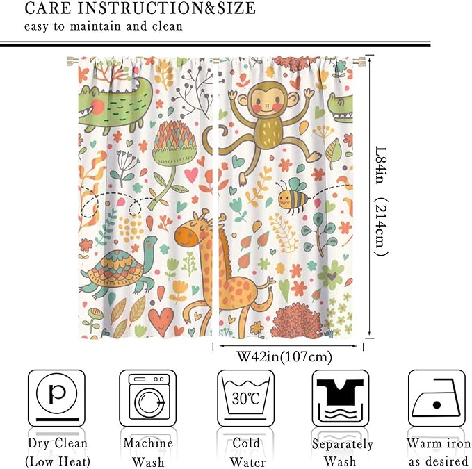 Cute Monkeys Curtains, Zoo Theme Cartoon Funny Animals Crocodile Giraffe Turtle with Flowers Print Thermal Insulation Window Drapes for Kids Boys Girls Baby Bedroom Living Room 84x84in
