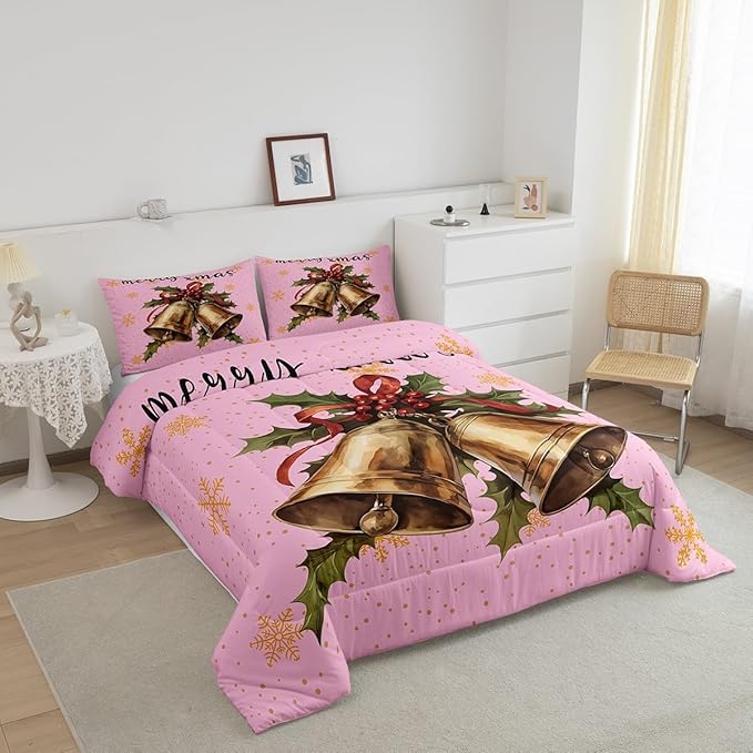 Erosebridal Merry Xmas Kids Queen Comforter Set Christmas Bell Bedding Sets for Girls Happy New Year Theme Down Comforter for Boys Teens Snowflake Quilt Set,Pink