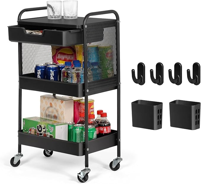 3-Tier Rolling Cart with Drawer, Metal Utility Storage Cart Organizer with Lockable Wheels&Hanging Cups&Hooks, Mobile Storage Craft Carts Trolley with Mesh Shelves for Kitchen, Office-Black