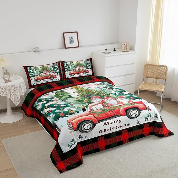 Xmas Theme Bedding Set Full Size,Christmas Tree Retro Red Truck Comforter Set for Kids Boys Girls Room Decor,Black Red Plaid Duvet Insert 3Pcs,Cartoon Gnome Merry Christmas Quilt Set,2 Pillowcases