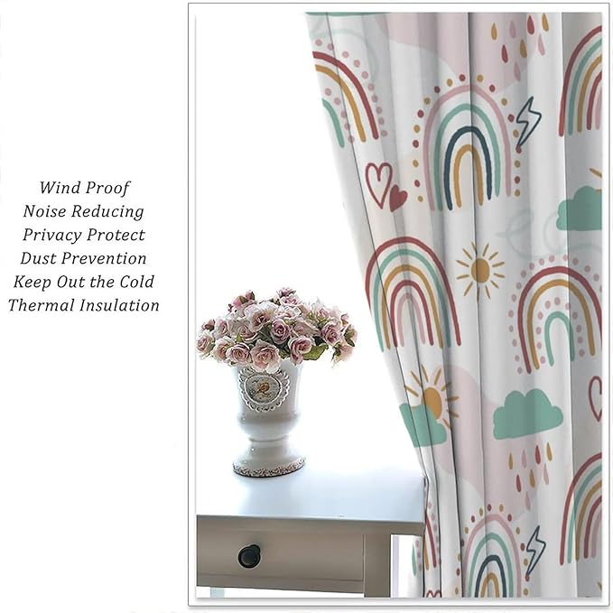 Kids Rainbow Curtains Boho Cartoon Colorful Stars Love Heart Lovely Abstract Art Pattern Print Window Drapes for Girl Bedroom Living Room Kitchen Decor,2 Panel Set,63Wx72H Inch Blackout