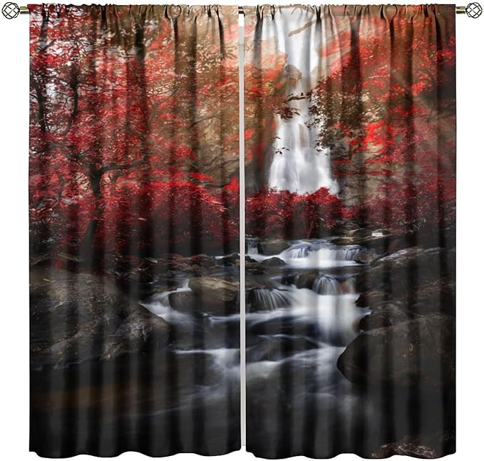 Nature Waterfall Blackout Curtains, Autumn Waterfall Romantic Forest Landscape Print Rod Pocket Window Drapes, for Bedroom Living Room 63" W X 72" L