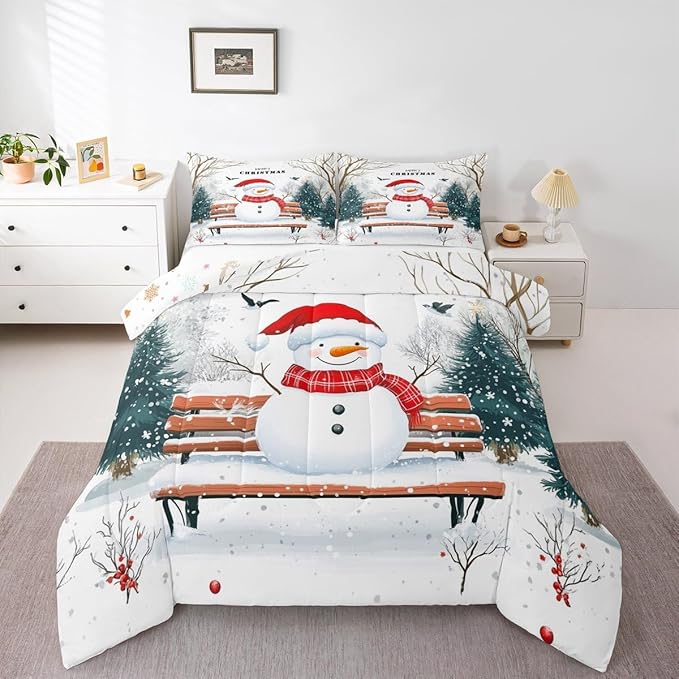 Feelyou Merry Christmas Comforter Set Full Size Cute Snowman Bedding Set for Kids Boys Girls Snowflake Duvet Quilt Christmas Tree Bedroom Decor Microfiber 3 Pcs with 2 Pillow Cases