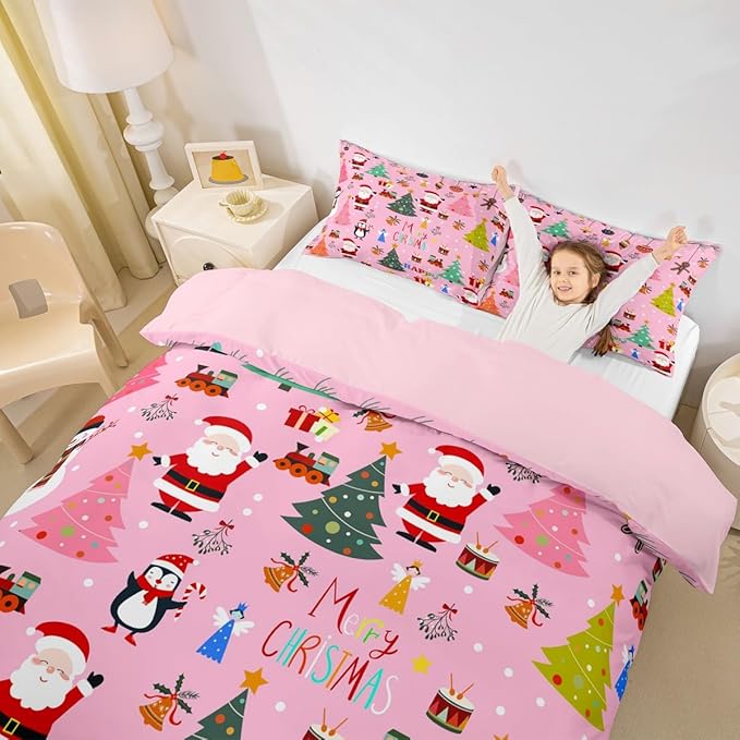Christmas Bedding Duvet Cover Set Kids Santa Claus Xmas Theme Bedding Set Boys Girls Decor Christmas Tree Comforter Cover Set Microfiber Pink New Year Bedspread Cover Bedroom Bedclothes Toddler Size