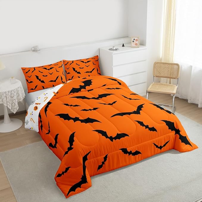 Erosebridal Halloween Comforter Set Gothic Bats Bedding Set Twin Size,Spooky Silhouette Bat Quilt for Kids Boys Girls Adults Flying Mysterious Animals Down Comforter,Horror Spooky Home Decor