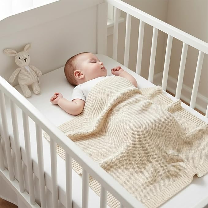 Baby Knit Blanket Soft Cotton Lightweight Newborn Blanket for Crib Stroller Toddler Nursery Shower Gift Cozy Breathable Travel Swaddle Wrap Cream 30 x 30 Inches
