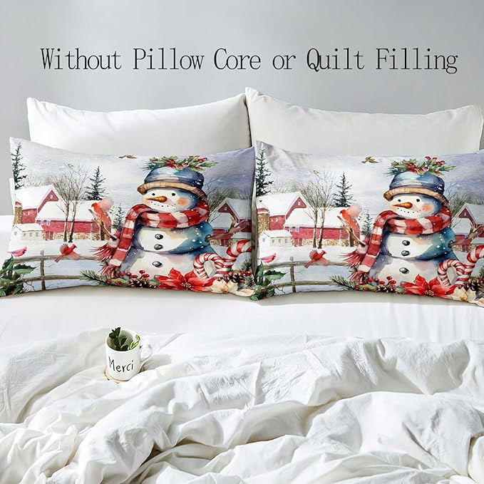 LUVIVIHOME 2PCS Cute Snowman Duvet Cover Twin Bedding Sets, Christmas Bedding, Red Bird Cardinal Poinsettia Winter Holiday New Year Xmas Gifts Christmas Comforter Bedspread Quilt Cover, 1 Pillow Sham