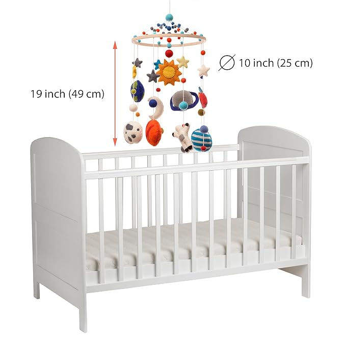 Glaciart One Space Nursery Mobile - Colorful Decor for Crib, Baby Rooms - Handmade, Child-Safe Wood, Felt Wool & Cotton - Solar System Decoration for Girls & Boys - 10x24Inch, 50Inch Hanging String