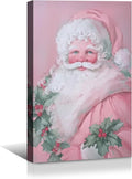 YONICA Christmas Canvas Wall Art Pink Santa 36x46 Inch Soft Pastel Holiday Art for Nursery - Large Framed Gallery Wrapped Kids Room Decor