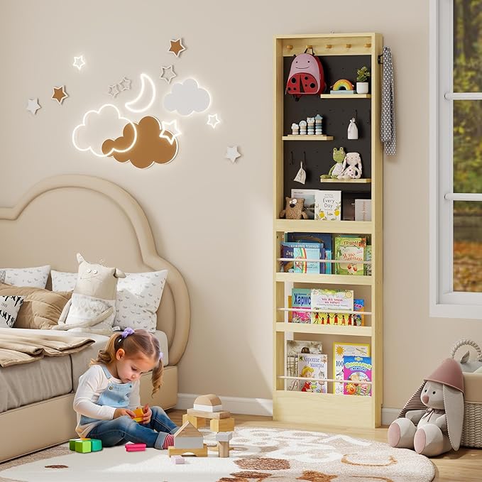ELECWISH Kids Bookshelf, Behind The Door 70" Tall Bookcase with Open Display Shelves, Wall Mounted Space-Saving Narrow Book Shelf with Pegboard for Children's Study Living Room, Nursery