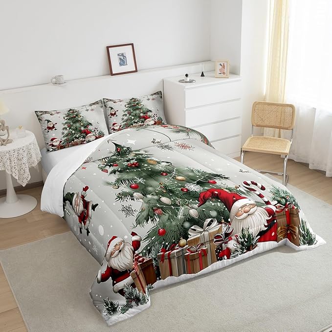 Merry Christmas Comforter Set Queen Size,Christmas Tree Snowflake Bedding Set for Kids Boys Girls Room Decor,Santa Claus X'mas Theme Duvet Insert 3Pcs,Star Polka Dot Glitter Quilt Set,2 Pillowcases