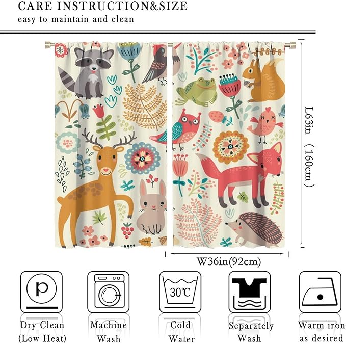Kids Baby Woodland Blackout Curtains,Forest Animals Plants Cartoon Funny Colorful Deer Fox Owl Pattern Thermal Insulation Window Drapes for Boys Girls Children's Bedroom 72x63in