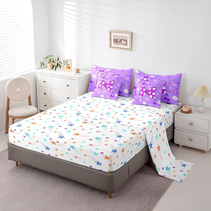 7 Pieces Purple Bowknot Kids Comforter Set King,Star Daisy Floral Geometric Dots Patch Bedding Set,Bow Tie Princess Cute Romantic（Comforter+Fitted+Flat Sheet+2 Pillowcases+2 Throw Pillow Covers）