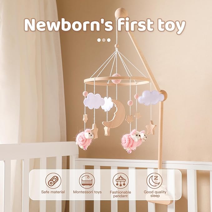 Baby Mobile for Crib, Montessori Baby Crib Mobile for Boys Girls for Bassinet, Nursery Decor for Infant Bedroom Hanging, Baby Mobile Soothe Toys - Gender Neutral Baby Gift (Pink)
