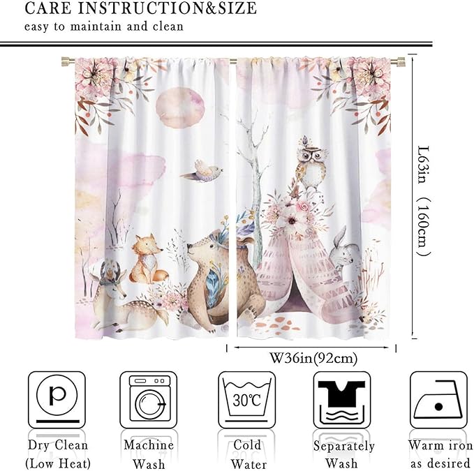 Forest Animal Curtains for Kids, Pink Watercolor Woodland Animal Window Treatments Fox Deer Owl Wildlife Safari Jungle Bear Window Drapes for Girls Nursery Toddler Bedroom 72x63in
