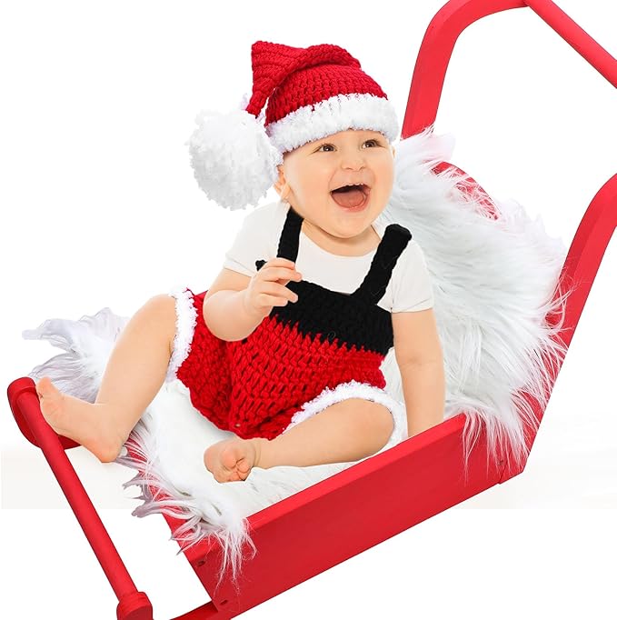 3 Set Christmas Newborn Photography Props Mini Red Sleigh Newborn Photography Basket Christmas Cap Crochet Santa Claus Outfits White Fur Blanket for Baby New Baby Photographic Props