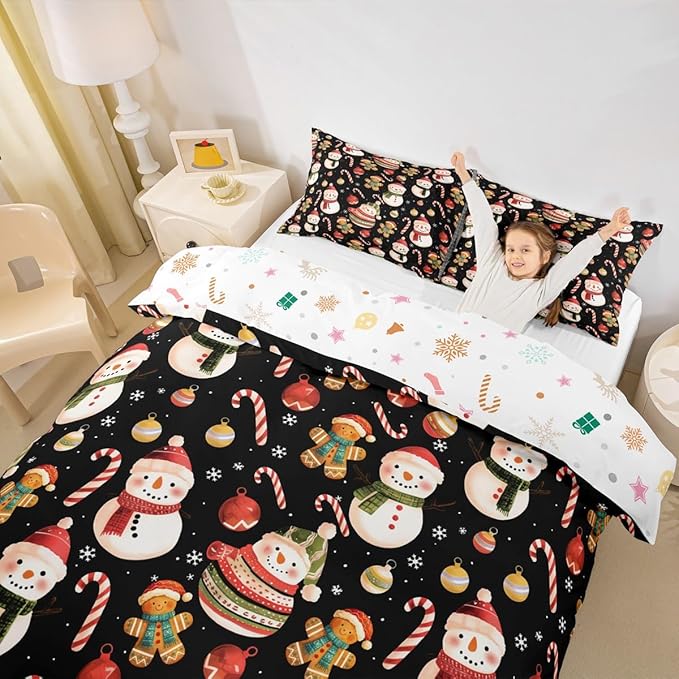 Feelyou Merry Christmas Duvet Cover Full Size Gingerbread Man Snowman Comforter Cover for Boys Girls Candy Cane Bell Xmas Decor Bedding Set 3Pcs Reversible Xmas Decor Room Decor