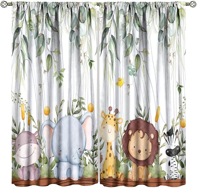 YCness Forest Animal Curtains, Watercolor Wild Animal Bear Fox Deer Kids Window Treatments for Living Room Bedroom, Green Woodland Tree Kids Drapes 2 Panel Sets,63x72 Inch