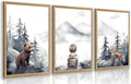 kilamino Neutral Woodland Wild Animal Wall Art, Cute Bear Fox Nursery Wall Decor, Adventure Boy Poster Prints, Vintage Forest Animal Canvas Paintings for Baby Room Playroom Wood Framed 12"x16"x3