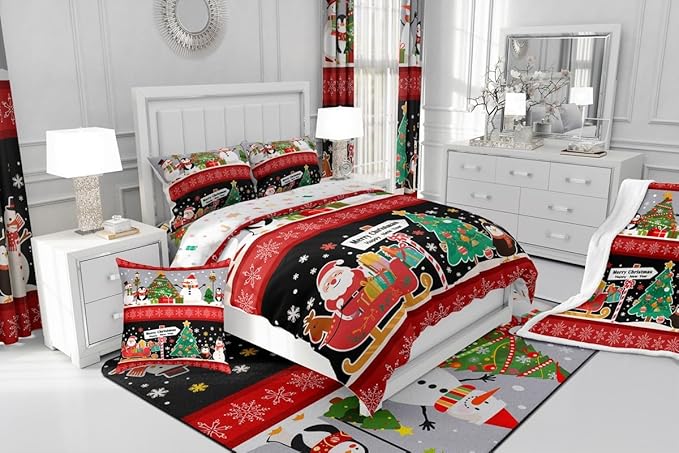 Erosebridal Christmas Tree Decor Quilts Cartoon Snowman Comforter Set for Teens Kids Boys Xmas Deer Elk Santa Claus Bedding Set for New Year Snowflake Red and Black Duvet Insert Full Size