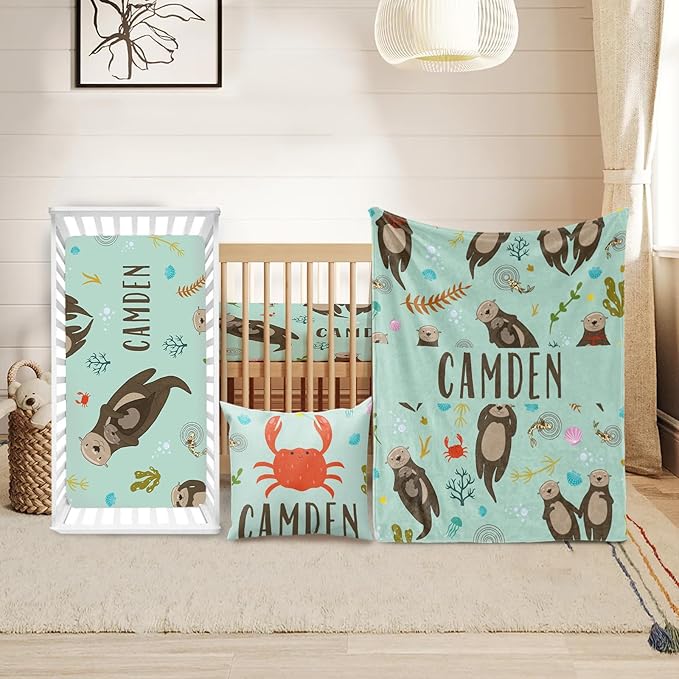Custom Crib Bedding Set - Marine Animals Design Personalized Name Baby Nursery Bedding 3 Pcs Set - Chic Soft Blanket, Sheet, Pillowcase for Newborns Boys Girls Gifts Color20