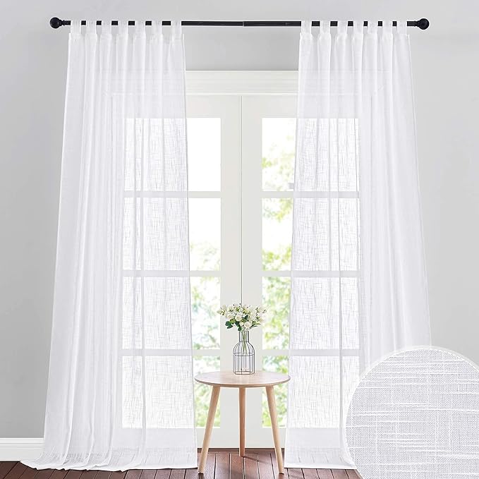 RYB HOME Sheer Curtains 108 inches Long, Linen Textured Sheer Privacy Light Filtering High Ceiling Window Curtains for Living Room Dining, W 52 x L 108 inch, Set of 2, White