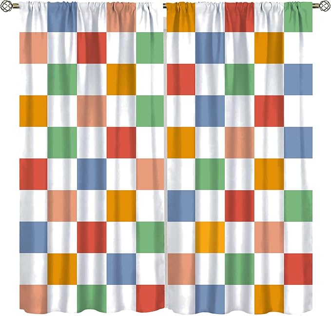 Retro Checkered Curtains,70s Vintage Twisted Checkered Window Drapes Colorful Groovy Trendy Wavy Hippie Grid Print Window Treatments for Kids Girls Bedroom Living Room Bathroom 52" W X 84" L