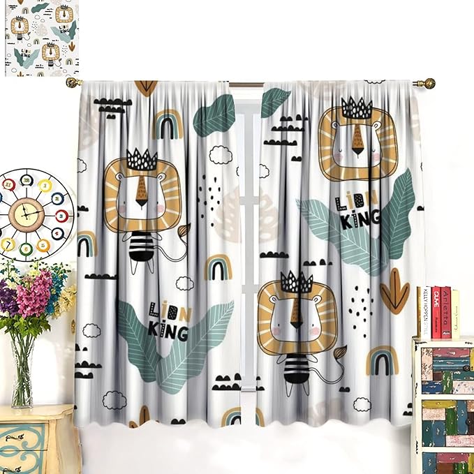 Cartoon Little Lion King Window Curtains for Baby Child,Cute Funny Forest Animals,Tropical Jungle Leaves Wildlife Boho Rainbow Print Blackout Drapes for Nursery Boys Girls Kids Bedroom 52x84in
