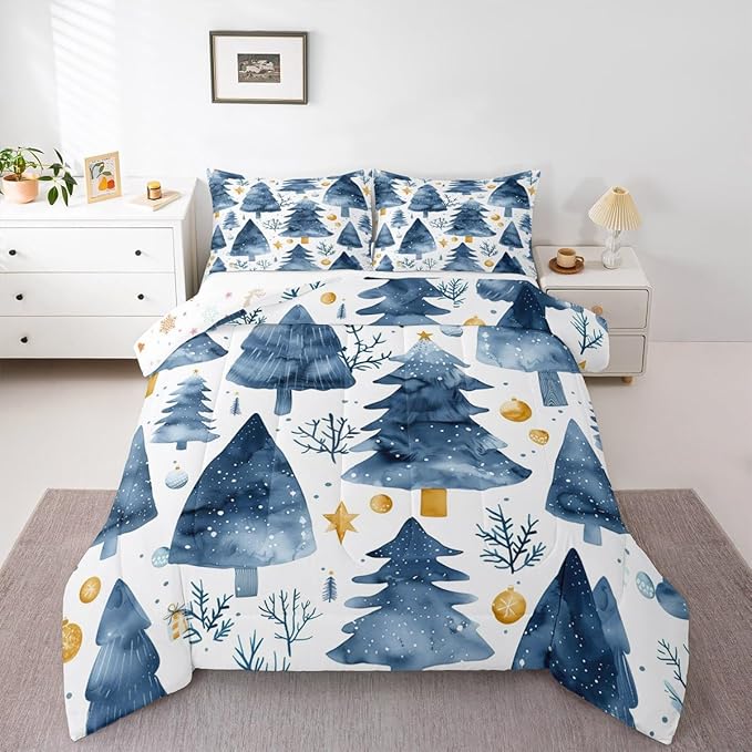 Feelyou Christmas Comforter Set All Season Xmas Tree Bedding Set with 1 Pillow Cases Watercolor Blue Microfiber Kids Twin Bedclothes Snowflake Bedroom Decor Duvet Quilt Breathable Soft Lightweight