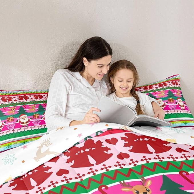 Feelyou Merry Christmas Comforter Set All Season Santa Claus Bedding Set with 2 Pillow Cases Cute Deer Microfiber Kids Queen Bedclothes Snowflake Bedroom Decor Duvet Quilt Breathable Soft