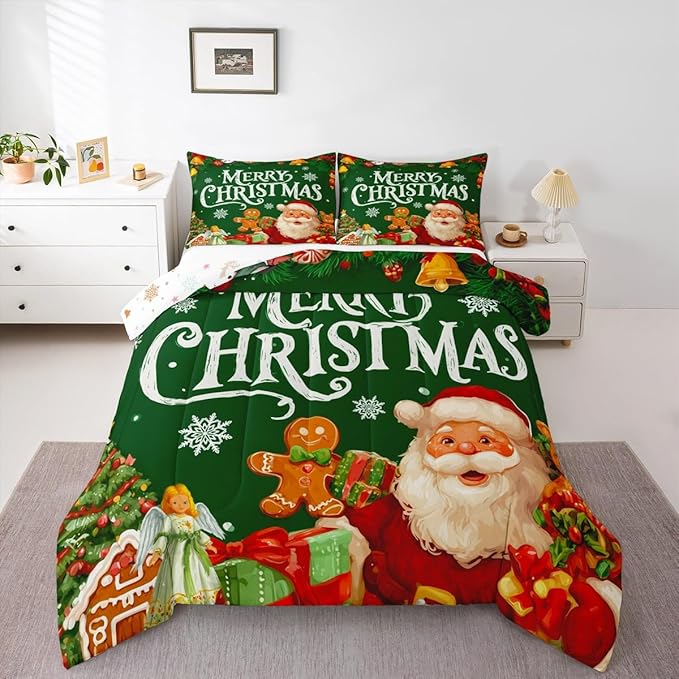 Feelyou Green Christmas Comforter Set All Season Santa Claus Bedding Set with 1 Pillow Cases Gingerbread Microfiber Kids Toddler Bedclothes Bedroom Decor Duvet Quilt Breathable Soft