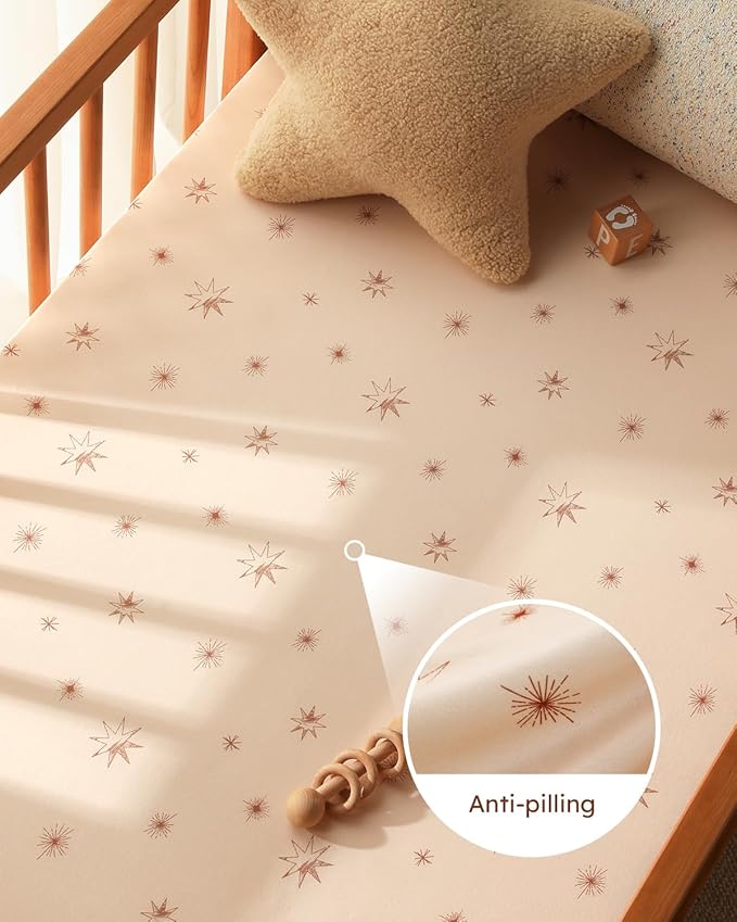 Pack and Play Sheets Fitted 3 Pack, Mini Crib Sheets for Pack N Play Mattress Stretchy Portable Playard Sheets, Soft Breathable White Brown Sun God