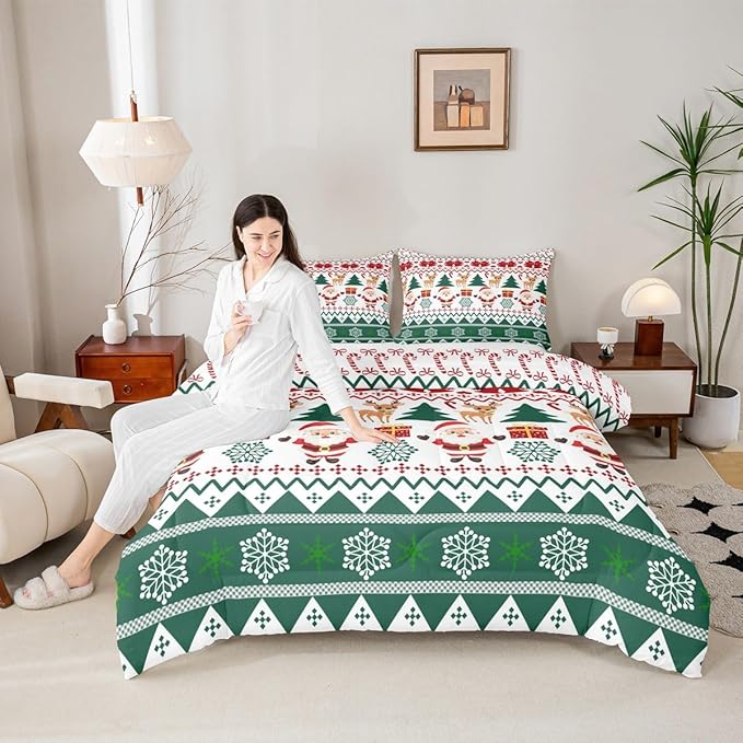 Feelyou Merry Christmas Kids Comforter Set Queen Size Santa Claus Bedding Set Cute Deer Duvet Quilt for Kids Boys Girls Bedroom Snowflake Decor Microfiber Ultra Soft Breathable