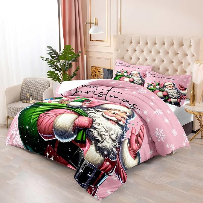 LUVIVIHOME 3PCS Merry Christmas Comforter Set King Size, Funny Santa Claus Bedding, Kids Teens Girls Bedding, Winter Snowflake New Year Christmas Bedroom Decor, Pink Quilt, Xmas Gifts, 2 Pillow Shams