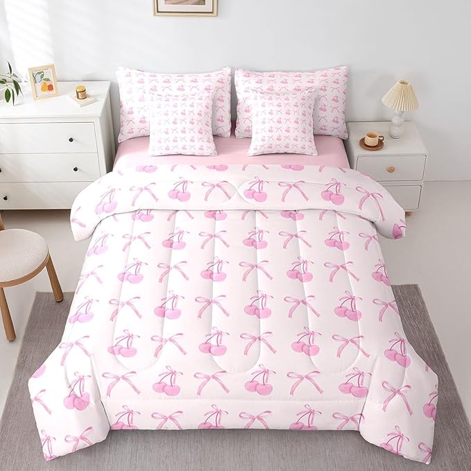 Manfei 7 Pieces Cartoon Bowknot Kids Comforter Set Full,Pink Bow Tie Butterfly Knot Princess Bedding Set,Cherry Bow Patchwork Romantic（Comforter+Fitted+Flat Sheet+2 Pillowcases+2 Throw Pillow Covers）