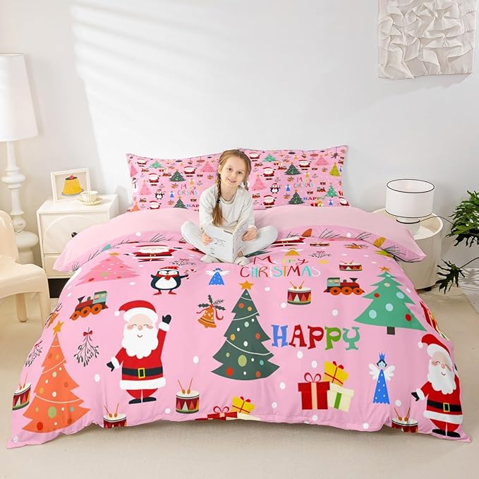 Christmas Bedding Duvet Cover Set Kids Santa Claus Xmas Theme Bedding Set Boys Girls Decor Christmas Tree Comforter Cover Set Microfiber Pink New Year Bedspread Cover Bedroom Bedclothes Full Size