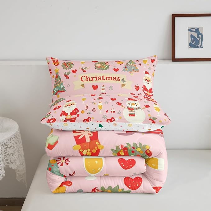 Feelyou Christmas Bedding Set for Kids Boys Girls Queen Size Cute Santa Claus Comforter Set Ultra Soft Comforter Xmas Tree Duvet Quilt Bedroom Decor Christmas Decor Quilt
