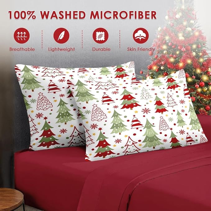 7 Pcs Queen Size Christmas Comforter Set with 2 Pillowcases & 2 Shams, Colorful Xmas Tree Bedding for Kids and Adults, Funny Winter Holiday Bed in a Bag with Flat Fitted Sheet