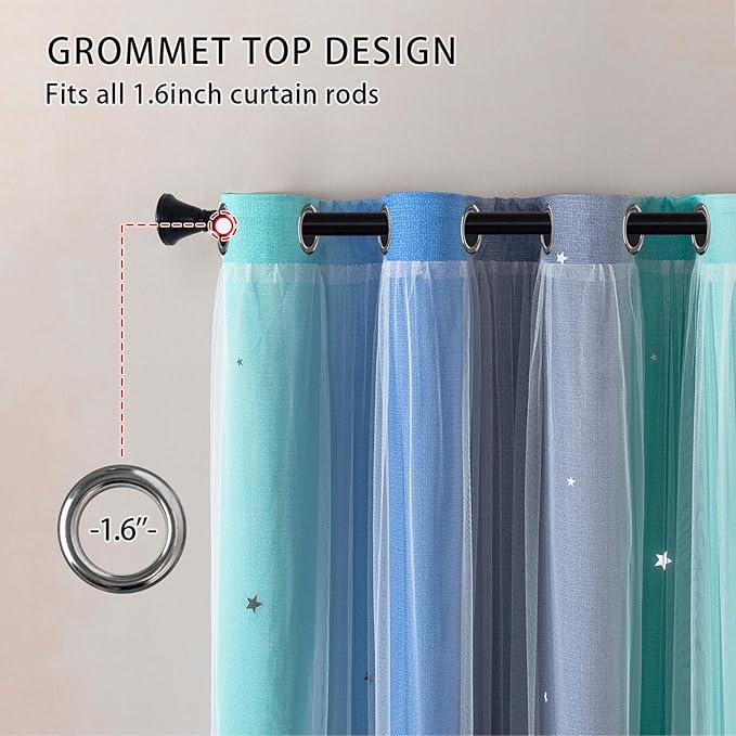 XiDi Blackout Curtains 84 Inches Long, Curtain for Kids Bedroom Decor for Girls Room, 2 Panels Set for Bedroom and Living Room,W52 x L84 inches Blue Green Grey