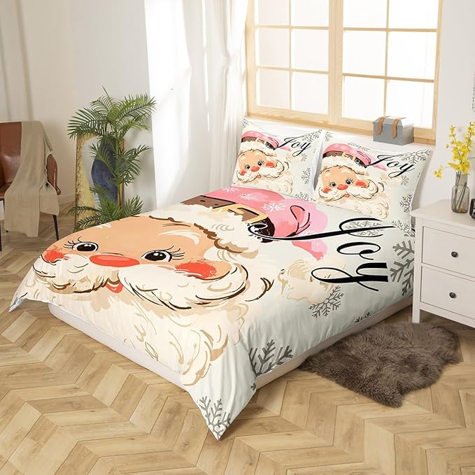jejeloiu Pink Christmas Bedding Set for Kids Boys Girls Santa Claus Comforter Cover Set Queen Size New Year Decor Duvet Cover Bedroom Decor Xmas Bedspread Cover Bedding Collection 3Pcs