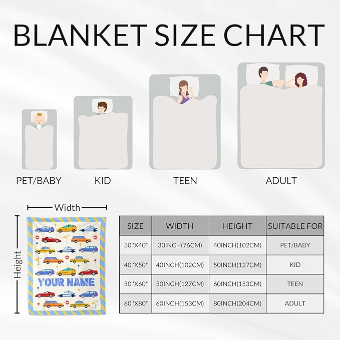 Custom Car Throws for Boys - 40" x 50" Inches Lightweight Warm Throw Blanket for Kids, Teens - Cute Flannel Blanket Gifts for Crib, Couch, Sofa