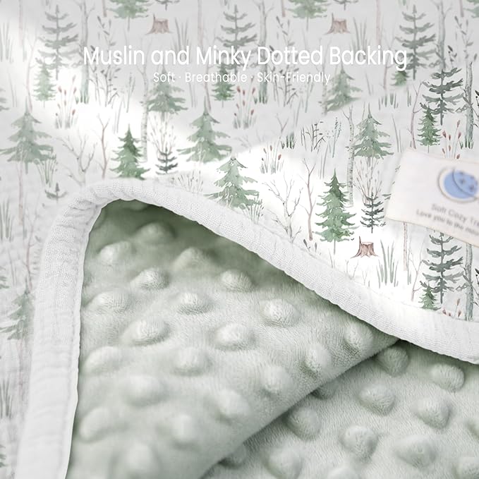 lulumoon Baby Blankets for Boys Newborn: Muslin & Minky Dotted Backing - Thermal Receiving Blanket for Stroller 30"x40"(Green Pine)
