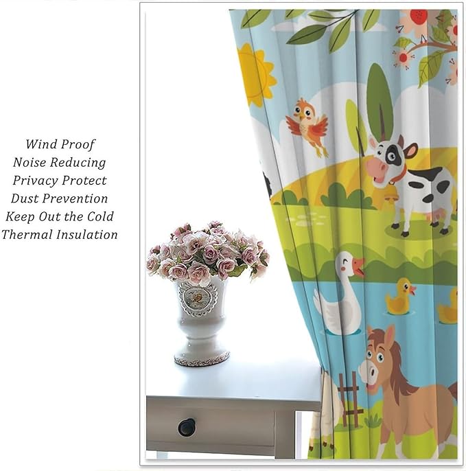 Farmhouse Curtains, Farm Scene Cartoon Animals Pattern Blackout Window Treatments, Rod Pocket Thermal Insulated Drapes 2 Panel Sets for Children Boys Bedroom Nursery Classroom, 63" W X 72" L