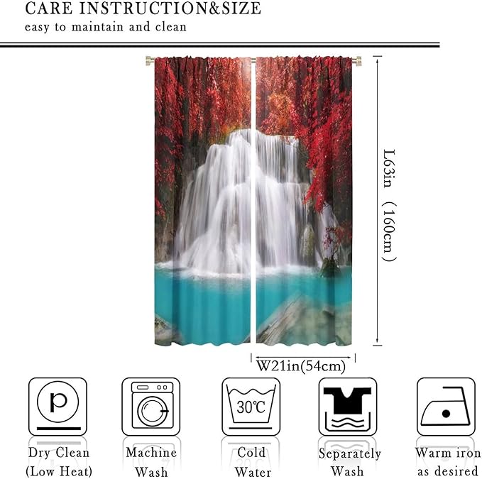 Red Forest Waterfall Blackout Windows Curtains, Tree Landscape Woodland Scenic Nature Fall Scenery Art Printed Curtains, for Living Room Bedroom 42x63in 2 Panels