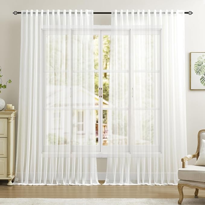 Dreaming Casa White Sheer Curtains 96 Inches Long, Rod Pocket & Back Tab Light Filtering Textured Sheers for Living Room Bedroom, 2 Panels, Each 100" W x 96" L