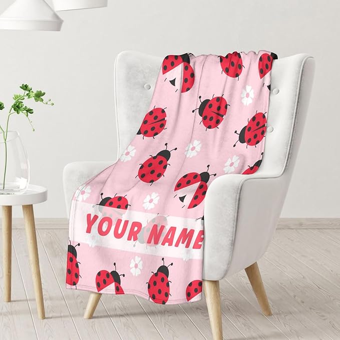 Custom Ladybug Gifts with Name - 40 x 50 Inches Cute Girls Blankets for Lady Bug Lovers - Pink Plush Soft Decor Stuff for Couch, Sofa