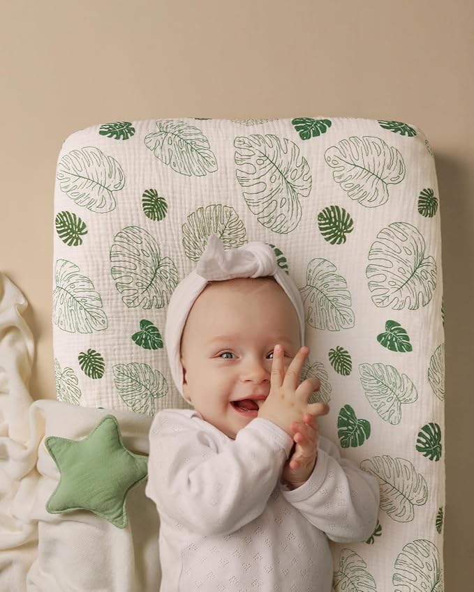Blissful Diary Muslin Changing Pad Cover for Girls Boys, Ultra Soft Breathable Cotton, Baby Diaper Change Table Pad Covers, 2Pack (Monstera Leaves&Dark Green)