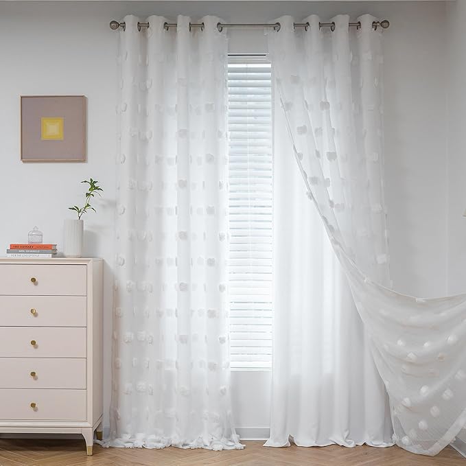 MYSKY HOME Light Blocking White Curtains for Living Room White Sheer Pom Pom Kids Room Decor Drapes 102 Inches Long Double Layer Curtain for Sliding Door Grommet Window Panels Set of 2 52" x 102"