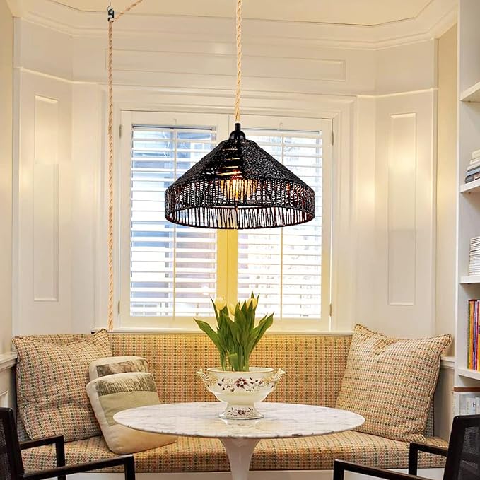 Plug in Pendant Light Rattan Hanging Lamp with On/Off Switch 15 Ft Hemp Rope Modern Woven Pendant Light Fixtures 12" Handwoven Rattan Basket Shade Boho