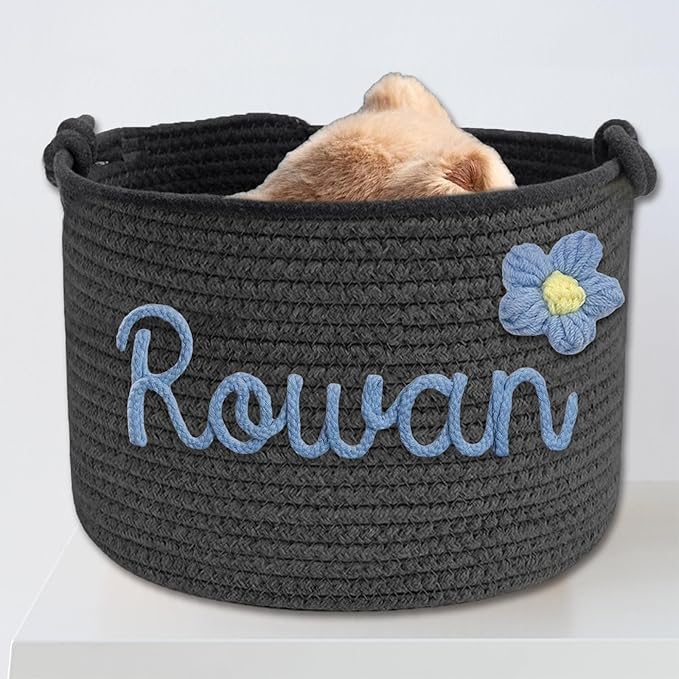 Personalized Dog Toy Basket Custom Dog Toy Box Rope Woven Basket with Pet's Name Dog Storage Organizer with Handles Cute Toy Bin for Cat Grey